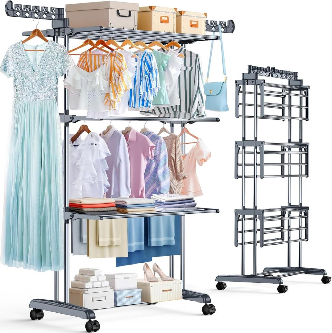 Upgraded 4-Tier Clothes Drying Rack, Drying Rack Clothing with Wheels, 19.68"D x 29.92"W x 67.70"H