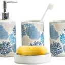 Blue Coral Bathroom Accessories Set Porcelain Coastal Bath Decor soap Dispenser Toothbrush Holder bumbler soap Dish Jewelry Tray Bathroom countertop Set for Beach Seaside Ocean Theme Bathroom Decor