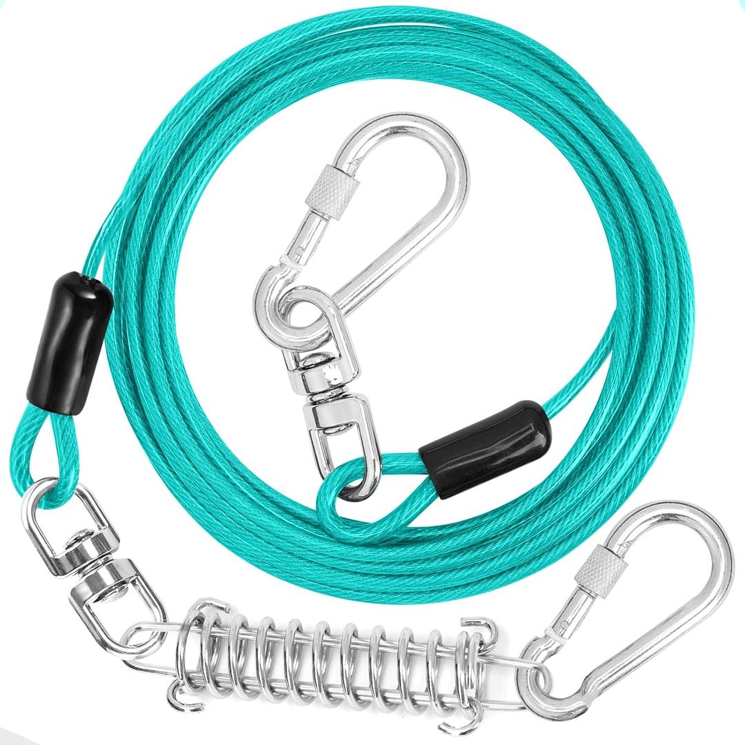 Jenico Dog Tie Out Cable - 10/15/20/30/40/50/70/100/150FT Runner Cable with Swivel Hook and Shock Spring, Outdoor and Camping Dog Leash Run Tether for Small to Medium Pets Up to 500 LBS (Teal)