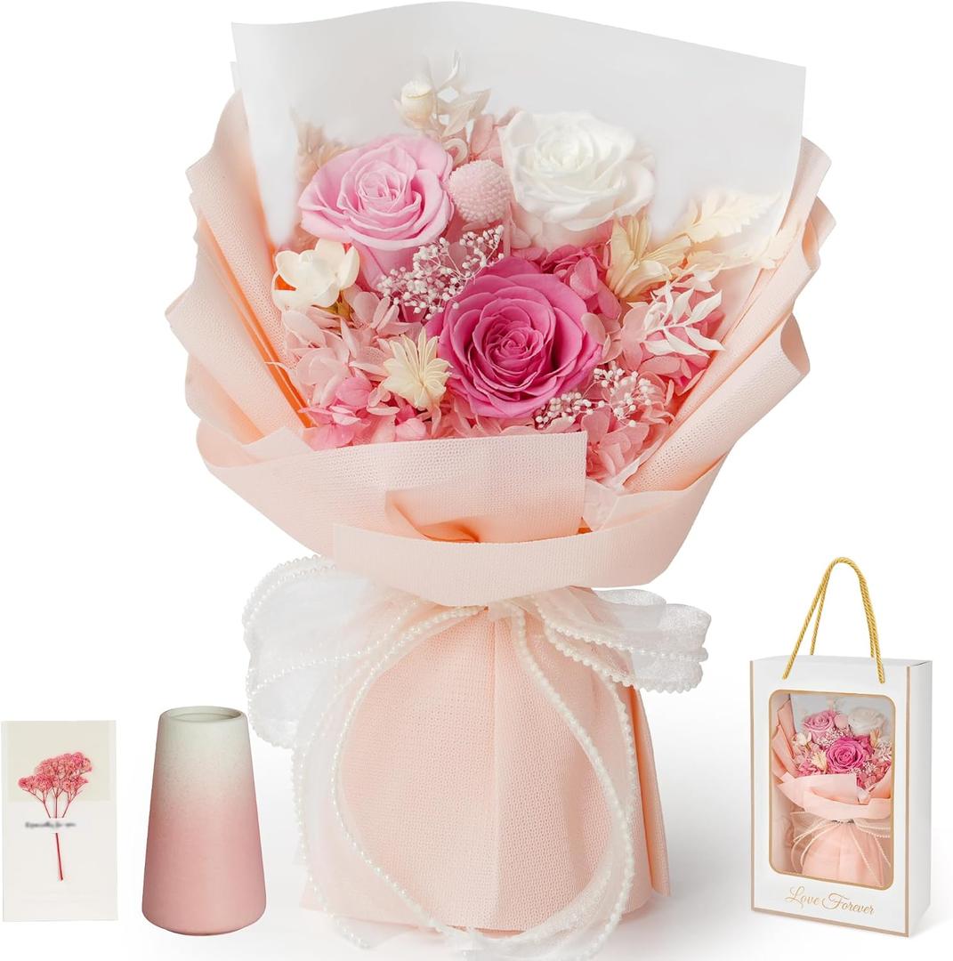 Childom Mothers Day Rose Gifts for Mom,Birthday Gifts for Women,Preserved Flowers for Delivery,Mothers Day Flowers Gift for Wife,Grandma,Pink Real Roses Bouquets for Her,Anniversary,Valentines Gifts