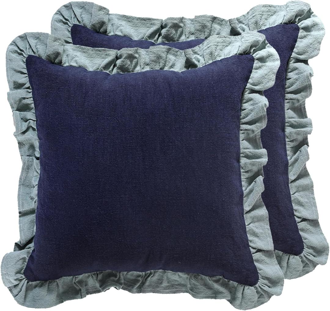 patdrea Blue Shabby Chic Decorative Throw Pillow Covers 18x18 Set of 2,Farmhouse Linen Pillow Covers with Ruffles,Square Sturdy Throw Pillow Case for Couch Sofa Bed Living Room (Coomburg Navy Blue)