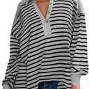Tankaneo Womens Oversized Striped Sweatshirts Long Sleeve Polo Shirt Cotton Loose Fit Henley Tops