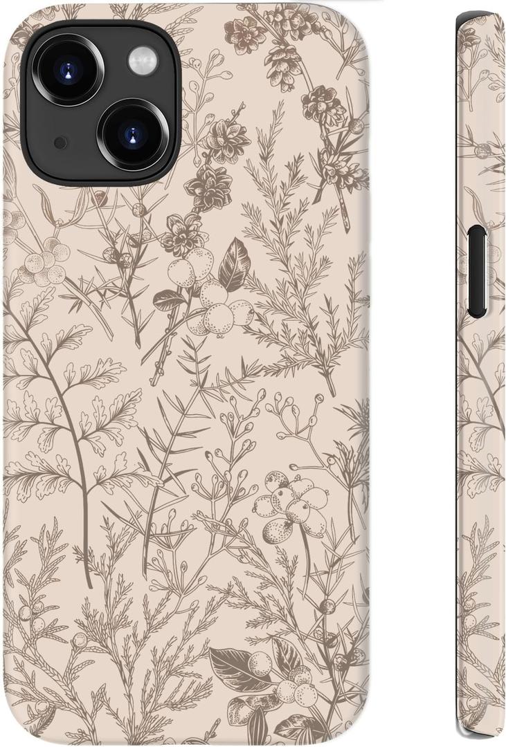 For iPhone 15 Plus Case Cute Wireless Charging Compatible Dual-Layer Shockproof Protection with Stylish Wildflower Design Protective Cover for Women - Beige Botanical Floral