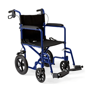 Medline Lightweight Foldable Transport Wheelchair with Handbrakes and 12-Inch Wheels, Blue Frame, Black Upholstery