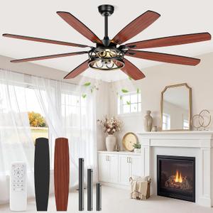  Ceiling Fans with Lights and Remote, 72'' Vintage Caged Ceiling Fan with Light, 8 Blades, 6+1 Speed, Flush Mount Ceiling Fan Whisper-quiet for Farmhouse, Living Room, Kitchen and Porch (72 Inch)