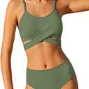 AGERWAY Girls Swimsuit Bathing Suits Criss Cross Bikini Set Two Piece Girls' Swimwear Solid Color Bathing Suit 7-16T (13-14 Years, Green)