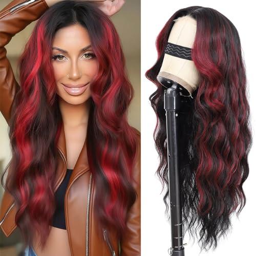 Sarensall Black Mixed Red Lace Front Wig for Women 5x4x1 Lace Hairline Long Wavy Middle Part Glueless Wear and Go Wig Heat Resistant Synthetic Wigs for Daily Party Use 24IN