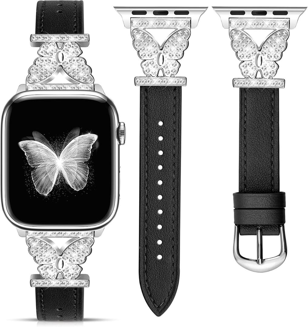 JR.DM Leather Watch Bands for Women Compatible with Apple Watch 46mm 42mm(S3/2/1) 44mm 45mm 49mm Silver Bling Butterfly Connector Slim Leather Strap for iWatch Series 11/10/9/8/7/6/5/4/3/2/1/SE/Ultra