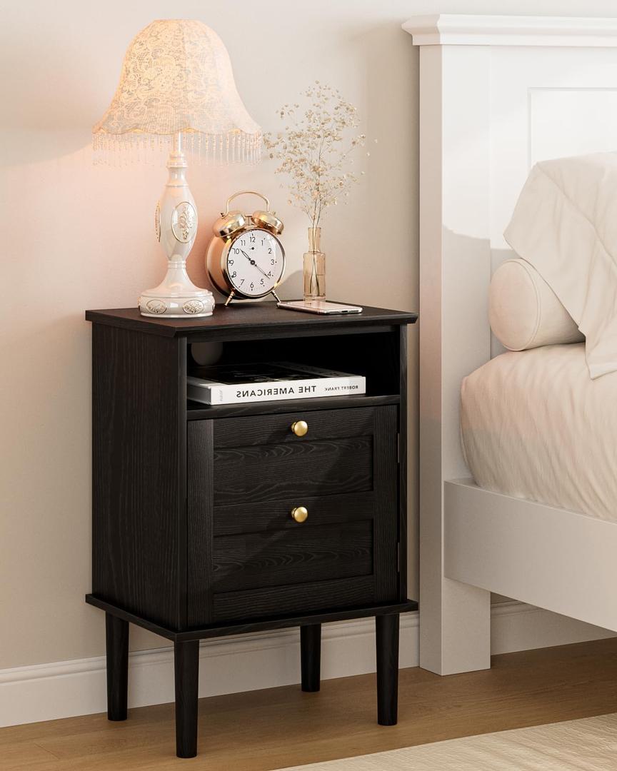 Nightstand, Boho Night Stand with 1 Drawers, Modern Side Accent Table with Open Shelf, Wooden Top Bedside End Table for Bedroom, Living Room, Black