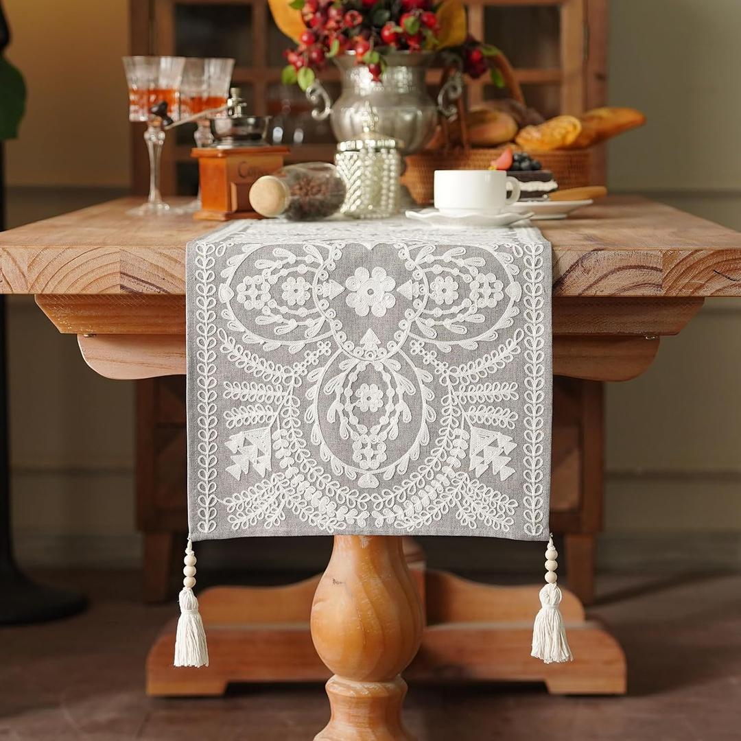 Embroidered Table Runner Boho Farmhouse Dresser Scarf Macrame Rustic Lace Doily with Tassel for Kitchen Indoor Outdoor Fireplace (Gray, 14 x 75 Inches)