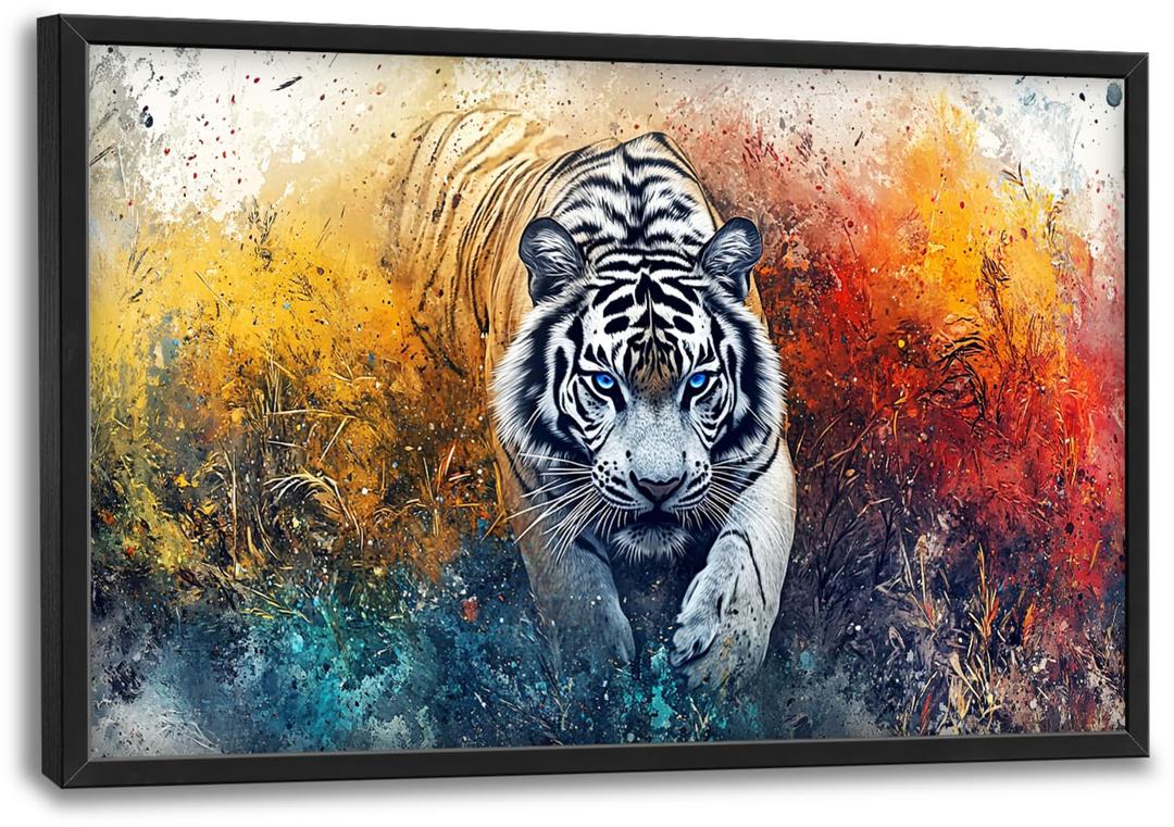 Extra Large Framed Abstract White Tiger Wall Art,Oversized Colorful Cool Tiger Wall Decor,Wild Animal Pictures for Living Room,Canvas Print Painting Modern Artwork Bedroom Office Bathroom 36L x24W