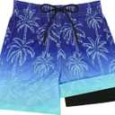Sarfel Boys Swim Trunks with Compression Liner Kids Swimsuits Boys Bathing Suit Kids Board Shorts Teen Boy Quick Dry Shorts (10-12 Years, Blue Gradient Coconut Palm)