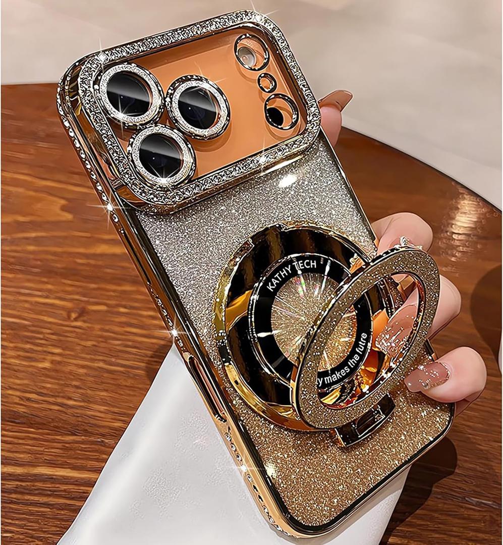 Luxury Bling Diamond Case for iPhone 17 Pro 6.3"- Clear Transparent Back with Glitter Card & Sparkling Rhinestones, Magnetic Kickstand, Shockproof Protection - Dazzling Cover for Women, Gold