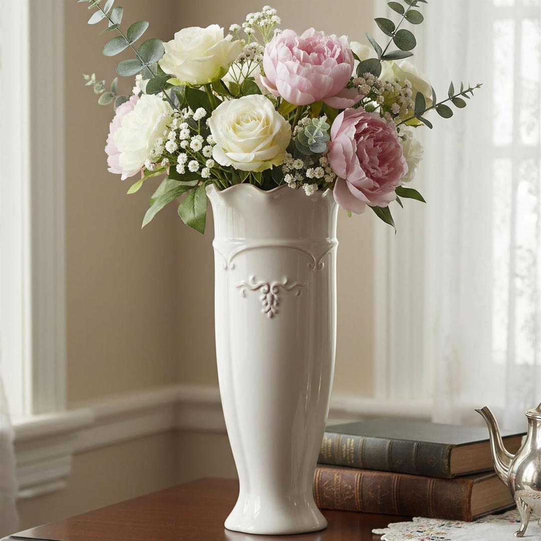 hjn White Ceramic Vase- French Flower Vase for Decor Tall Vintage Vases for Flowers/Home Decoration/Kitchen/Table/Living Room/Shelf/Mantel/Office-Height-11.6"