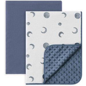 Susurration Baby Blanket for Unisex Boys Girls, 2 Pack Soft Fluffy Crib Blankets with Muslin Cotton Front and Dotted Fleece Back, Receiving Blanket for Baby Newborn Infant, 30x40in, Bluemoon&Navy Blue