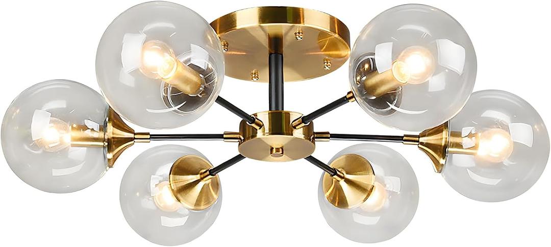 KCO Lighting Mid Century Modern Gold Ceiling Lighting Fixture 6-Light Black Metal Flush Mount Ceiling Lights Brushed Brass Clear Globe Bubble Ceiling Light Fixture Farmhouse Sputnik Chandelier, 26.8"W × 8.7"H