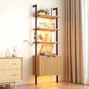 Yusong 73" Tall Bookshelf with Cabinet and RGB LED Lights, 7-Color Adjustable Industrial Ladder Wall Mount Shelf, Frame Bookcase with Lighting for Living Room Bedroom, Wavy Light Ivory