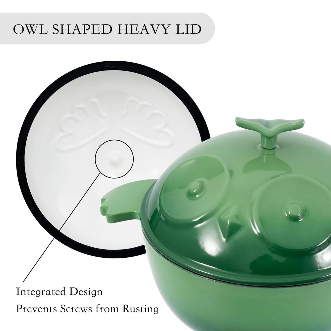 Flavehc Owl Shaped Cast Iron Dutch Oven with Lid 3 qt Enameled Dutch Oven for Bread Baking,AquaGreen