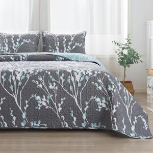 Andency Quilt King Size Grey Blue (106x96 Inch), 3 Pieces Floral Lightweight Bedding Set, Microfiber Reversible Flower Quilted Bedspread Coverlet with 2 Pillowcases for Men Women