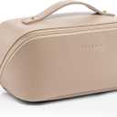 Vlando Makeup Bag,Large Capacity Travel Toiletry Bag,Cosmetic Bags for Women PU Leather Waterproof Portable Pouch with Divider & Handle-Toffee