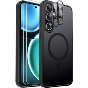 for Samsung Galaxy S24 FE Case Magnetic Shockproof, [Fit for MagSafe] [Glass Screen Protector + Camera Lens Protector] Translucent Anti-Fingerprint Case for Samsung Galaxy S24 FE (Black)