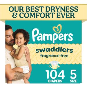 Pampers Swaddlers Diapers, Size 5 (20-37 lbs), 104 Count, Fragrance Free, Hypoallergenic, Absorbent, Pediatrician Recommended, Skin Safe