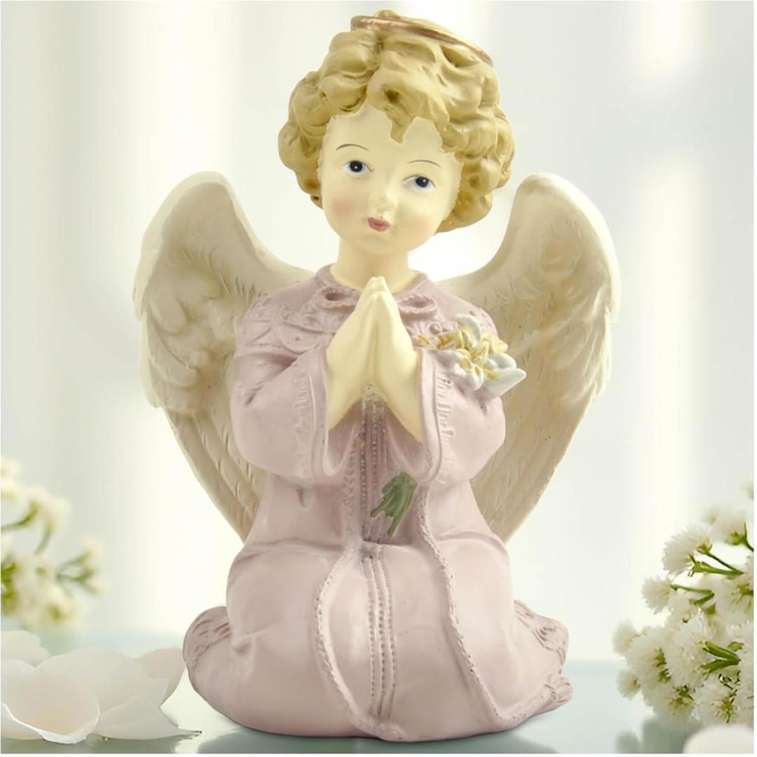 Kneeling Praying Angel Figurine with Flowers, 5.12 Inch
