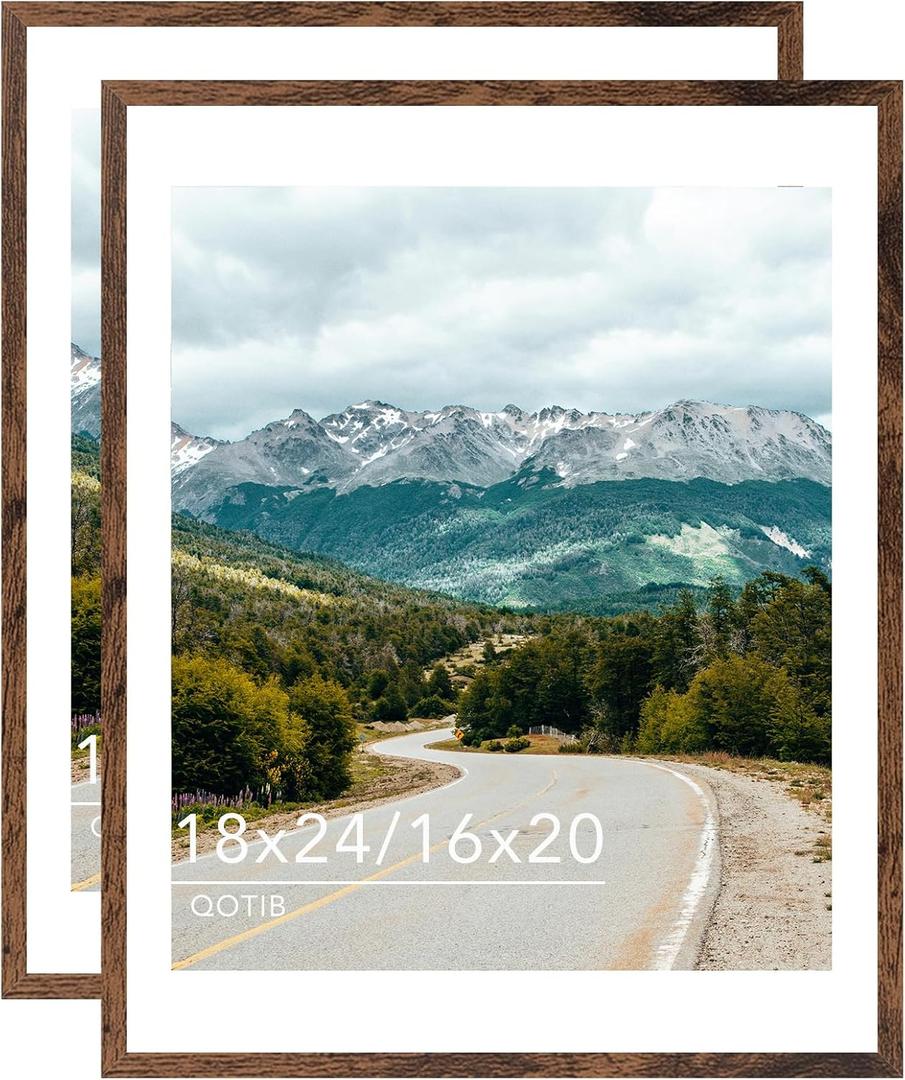 Wood 18x24 Picture Frame with 16x20 Mat, Display 16x20 with Mat or 18x24 Without Mat, Wood 18 by 24 Photo Frame, 18 x 24 Frame for Wall Hanging Display, Deep Brown, 2 Pack