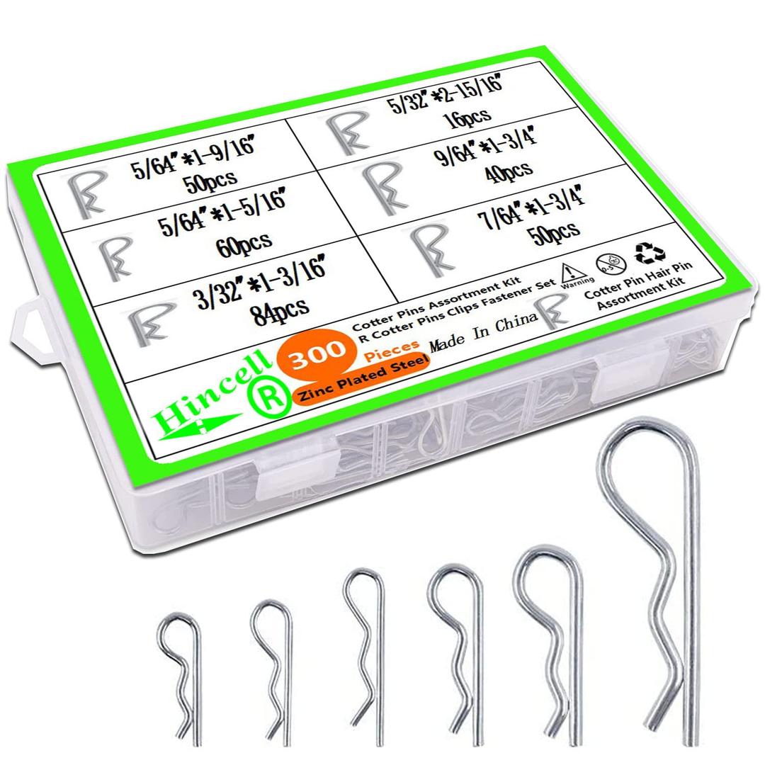 Cotter Pin Assortment Kit, Hincell 300Pcs Cotter Pins Hairpin Assortment Kit R Cotter Pins Clips Zinc Plated Hair Clip Hitch Pin Clips Fastener Set for Automotive Marine Tractors Mower Carts