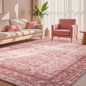 OPPODREAM Vintage Pink Area Rugs 10x14, Washable Rug for Living Room | TPR Non-Slip Backing, Retro Low-Pile Faux Cashmere Surface, 10 by 14 Distressed Carpet for Bedroom, Office, Dorm, Dining Room