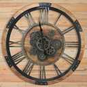 24" Large Wall Clock with Moving Gears,Oversize Vintage Industrial Rustic Farmhouse Clocks for Living Room Decor Office Home,Solid Wood HD Tempered Glass Cover,Brown