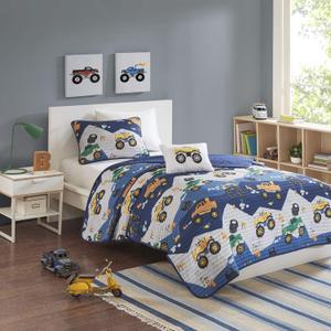 Intelligent Design Kids Boys Monster Truck Blue Queen Quilt Set, 4pc, Full/Queen