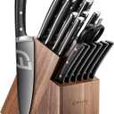 Emojoy Knife Set, Kitchen Knife Set with Block  17 PCS German Titanium Steel Knives with Heavy-Duty Acacia Wood Block and Built-in Sharpener for Home Cooking, Dishwasher Safe