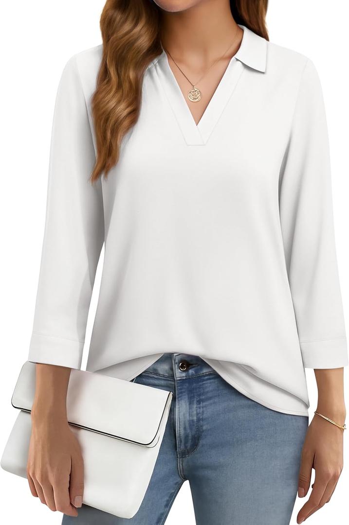 YUCOLEN 3/4 Sleeve Tunic Tops for Women V Neck Collared Shirts Chiffon Work Blouses Dressy Casual S (White)