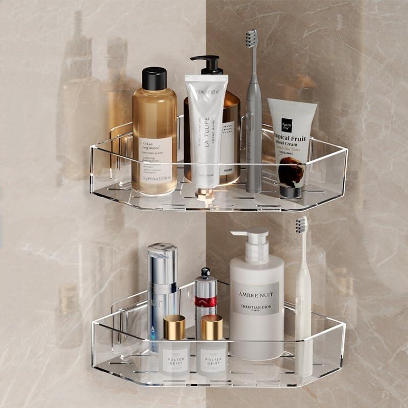 MAKIOTEKO 2 Pack Acrylic Corner Shower Caddy, Adhesive Shower Organizer Bathroom Organizer Shelves Bath Toy Holder Storage for Bathroom