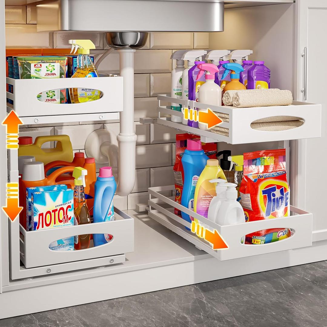 Under Sink Organizer, Pull Out Cabinet Organizers, Slide Sink Steel Shelf Cabinet Storage Shelves, Under Sink Storage for Kitchen Bathroom Cabinet (White, 2 Pack)