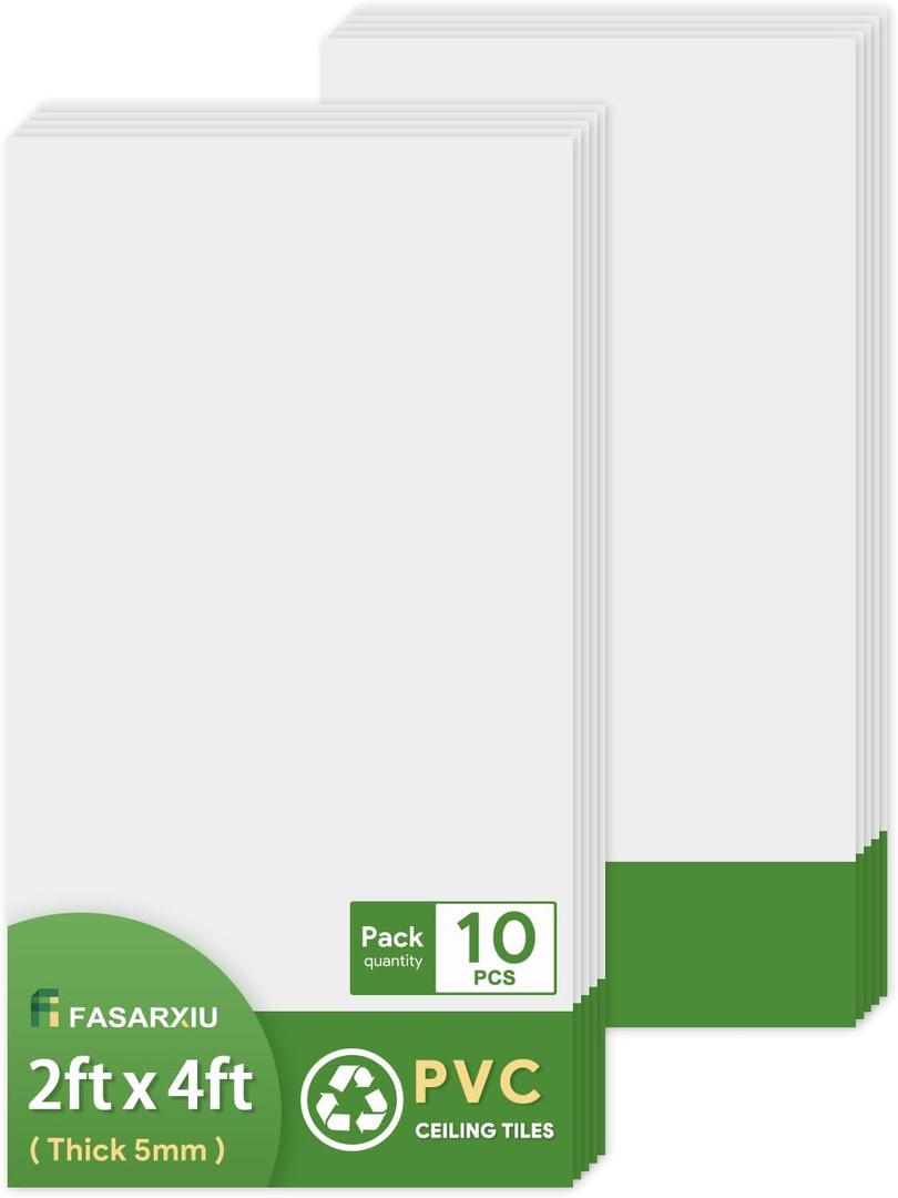 Fasarxiu 24"x48" Smooth Drop Ceiling Tiles Waterproof High-Grade PVC Ceiling Tiles 2x4 Fire-Rated - Easy Drop-in Installation - Case of 10 (80 sq. ft.)