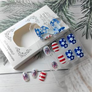 Patriotic Press on Nails Short Fake Nails Independence Day Stars Artificial Glue on Nails Red White Stripes Square False Nails Glitter Fireworks Acrylic Nails for Women 4th of July Manicure, 48 Pcs