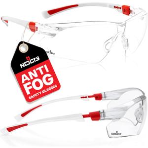 NoCry Clear Safety Glasses for Men and Women; Lightweight Work Glasses with Adjustable Frames and No-Slip Grips; Scratch Resistant Anti Fog Safety Glasses with Superior UV Protection, ANSI Z87.1 Rated (White & Red)