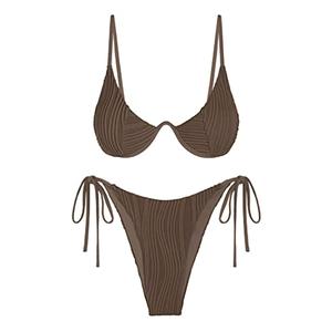 ZAFUL Womens Bikini Set Underwire Ribbed Back Clasp Swimsuit High Cut Sexy Two Piece Bathing Suit Deep Coffee , Size L