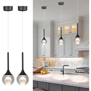 2 Pack Modern Crystal Moon Pendant Lights, Dimmable Natural White (3000K) LED Black Hanging Light Fixture for Kitchen Island, Dining Room, Bar, Bedroom
