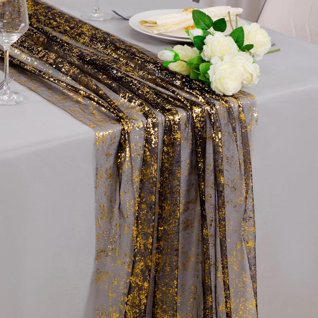 Snowkingdom 10 Pcs Black & Gold Cheesecloth Table Runner 10 FT, Sheer Chiffon Sparkle Gauze Mesh Runners 120 Inch, Glitter Table Centerpieces Decoration for Birthday Party Wedding Christmas Halloween, X-Large