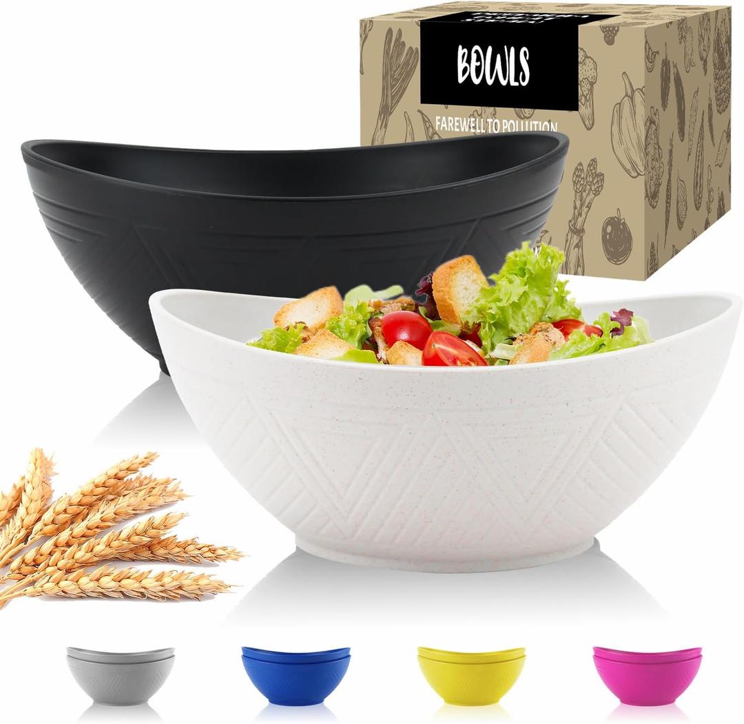 Big Wheat Straw Bowls,Unbreakable Large Salad Bowls,Dishwasher and Microware Safe Plastic Bowls Reusable,Kitchen Bowl Set for Salad,Cereal,Soup and Oatmeal.Black and White (2 Pack)