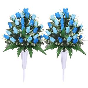 Lodou Artificial Cemetery Flowers,Outdoor Grave Decorations Roses,Arrangements Bouquet with Cemetery Vase, Silk Flowers for Long-Lasting Remembrance (Blue)