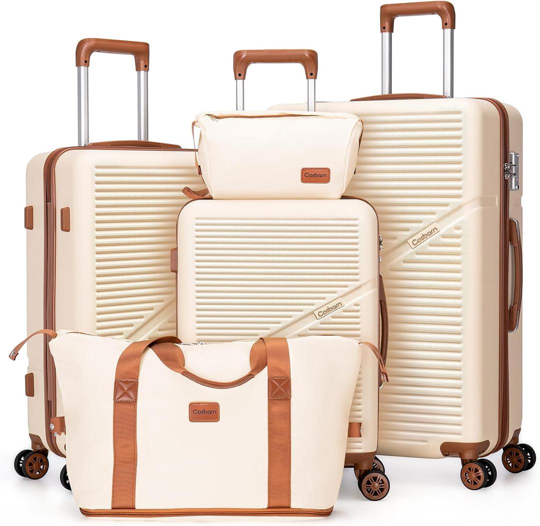 Cosbarn 5 Piece Luggage Sets with Spinner Wheels, Hardshell ABS Suitcase Set with Tsa Lock, Lightweight Hardside Waterproof Travel Suitcases for Men Women, White (20"/24"/28")