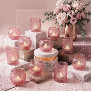 24 Pcs Pink Votive Candle Holders for Table Centerpiece, Vintage Glass Candle Holder Set for Wedding Decor Home Party Decoration