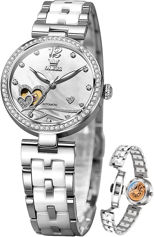 OLEVS Womens Watches Automatic Luxury Dress Ladies Watch Ceramic Strap Rose Gold Self Winding Female Wrist Watch (all silver)