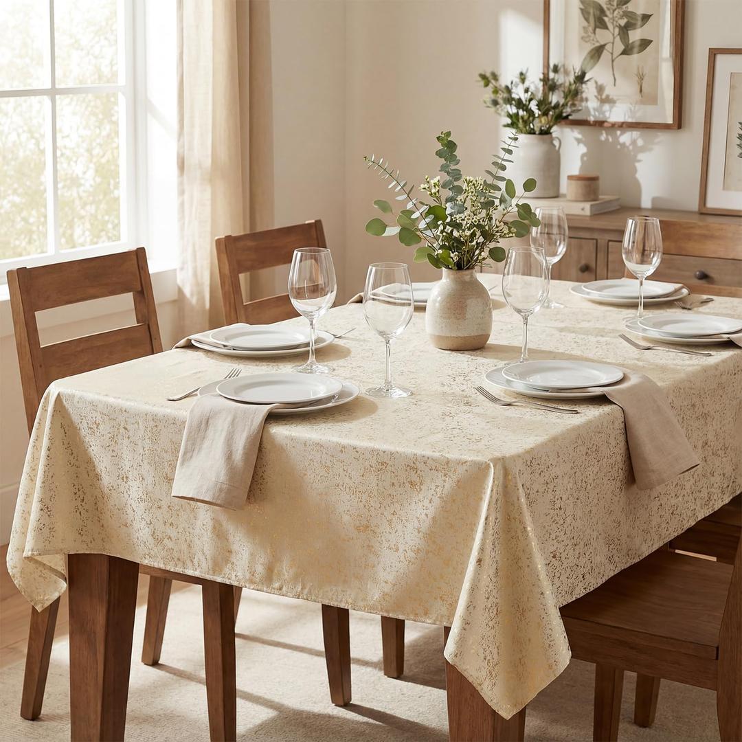 Horaldaily Beige Tablecloth 60x120 Inch Rectangular, Solid Rectangle Table Cloth with Golden Sequin, Thanksgiving Christmas Table Cover for Wedding, Party, Banquet, and Events