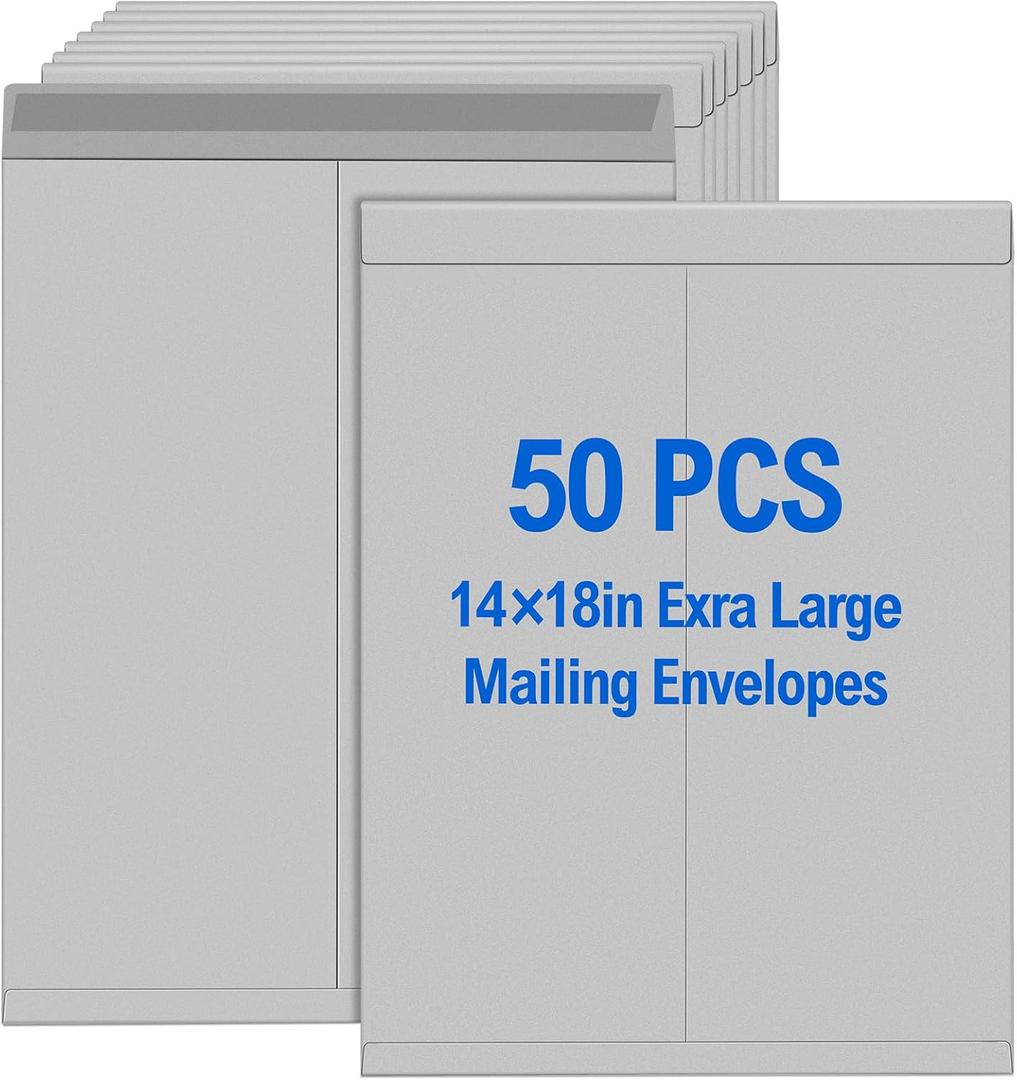 50 Pcs 14'' x 18'' Extra Large Mailing Envelopes 32lb with Gummed Flaps, Catalog Jumbo Craft Envelopes for Mailing, Storage and Organizing Documents Office Supplies(Gray)