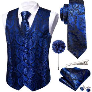 Barry.Wang Men's V-Neck Suit Vest Solid Paisley Waistcoat Silk Tie Hanky Cufflink Clip Set Wedding Party Business Formal M